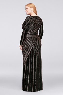 Long Sleeve Glitter Print Plus Size Sheath Gown Marina 264166W