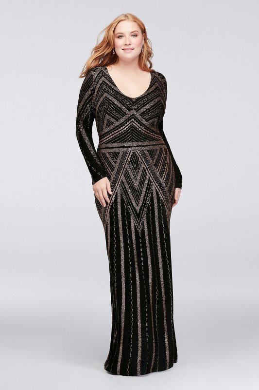 Long Sleeve Glitter Print Plus Size Sheath Gown Marina 264166W