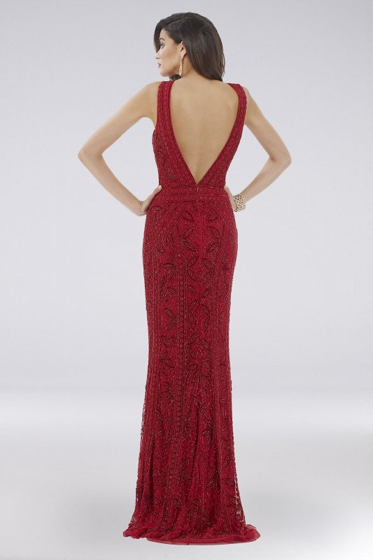 Lara Dahlia Beaded Plunging Neckline V-Back Gown Lara 29574