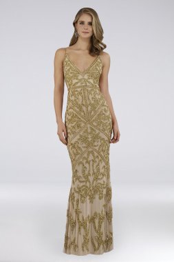 Lara Calissa Beaded V-Neck Gown with Sweep Train Lara 29744