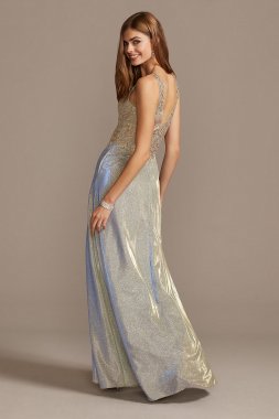 Iridescent Glitter Metallic Gown with Applique Xscape 3242X