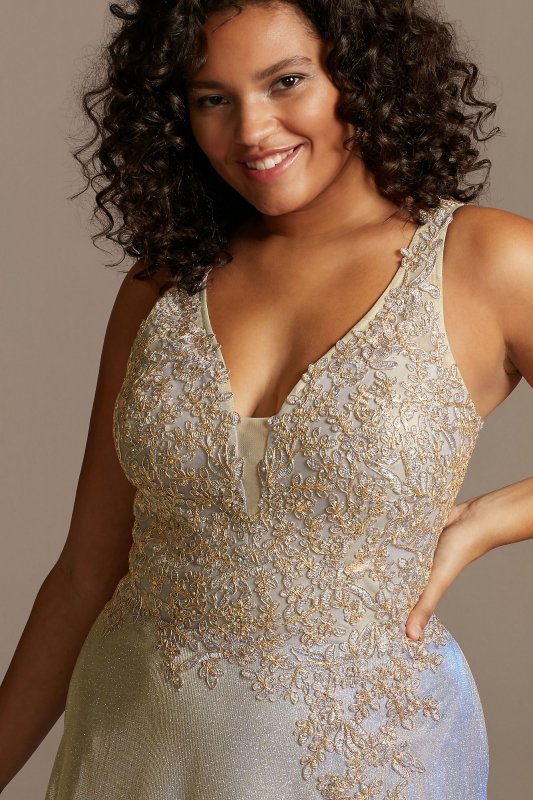 Iridescent Metallic Plus Size Gown with Applique Xscape 3242XW