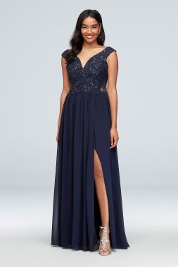 Off-the-Shoulder Metallic Lace and Chiffon Gown City Triangles 3471RJ4C