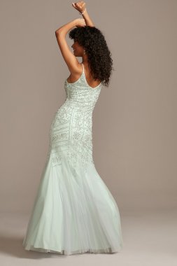 Beaded V-Neck Mermaid Gown with Tulle Godets Xscape 3480X