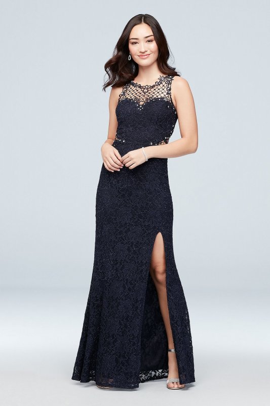 Glitter Lace Sheath Gown with Geometric Neckline City Triangles 3930SE3B