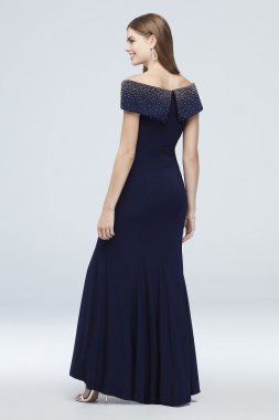 Beaded Jersey Off-the-Shoulder Dress with Lapel Xscape 841X