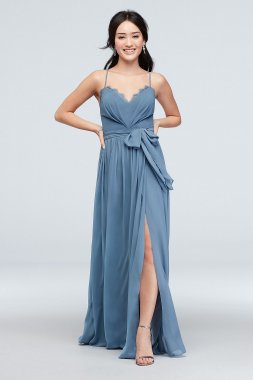 Skinny Strap Chiffon Gown with Lace Trim and Sash City Triangles 9560CT8B