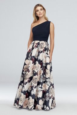 Printed Satin and Jersey One-Shoulder Ball Gown Betsy and Adam A21528