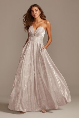 Glittery Strapless Ball Gown with Illusion Plunge Betsy and Adam A23053