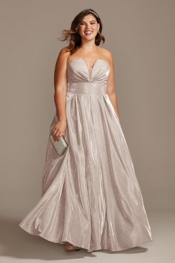 Glitter Strapless Plus Size Gown with Plunge Betsy and Adam A23053W