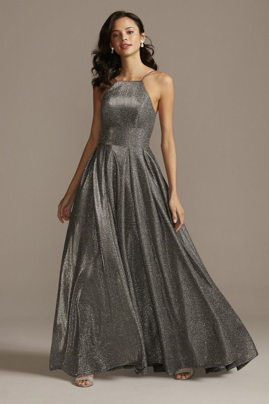 High Neck Metallic Ball Gown with High Low Hem Betsy and Adam A23281