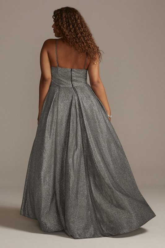 High Neck Metallic Plus Size High Low Hem Gown Betsy and Adam A23281W