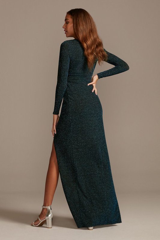 Glitter Knit Long Sleeve V-Neck Dress with Ruching Emerald Sundae AAS4281014