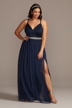 Glittery Lace Deep-V Plus Size Dress with Belt Emerald Sundae CRFP3473