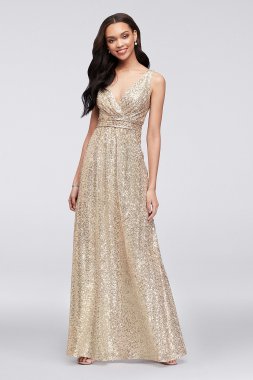 Sequin V-Neck Bridesmaid Dress with Satin Piping David's Bridal F19787