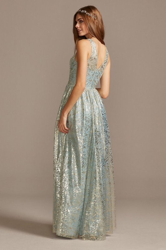 Metallic Foil Pleated V-Neck Gown with Belt Teeze Me M498441