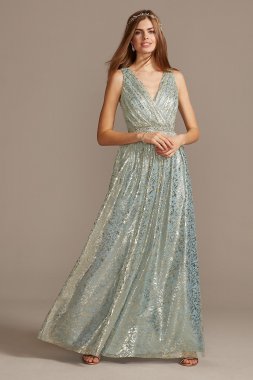 Metallic Foil Pleated V-Neck Gown with Belt Teeze Me M498441