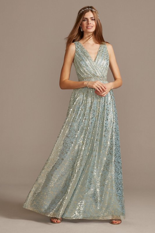 Metallic Foil Pleated V-Neck Gown with Belt Teeze Me M498441