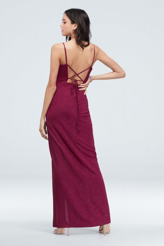 Glitter Stretch-Knit Lace-Up Gown with Slit Skirt Teeze Me N125907