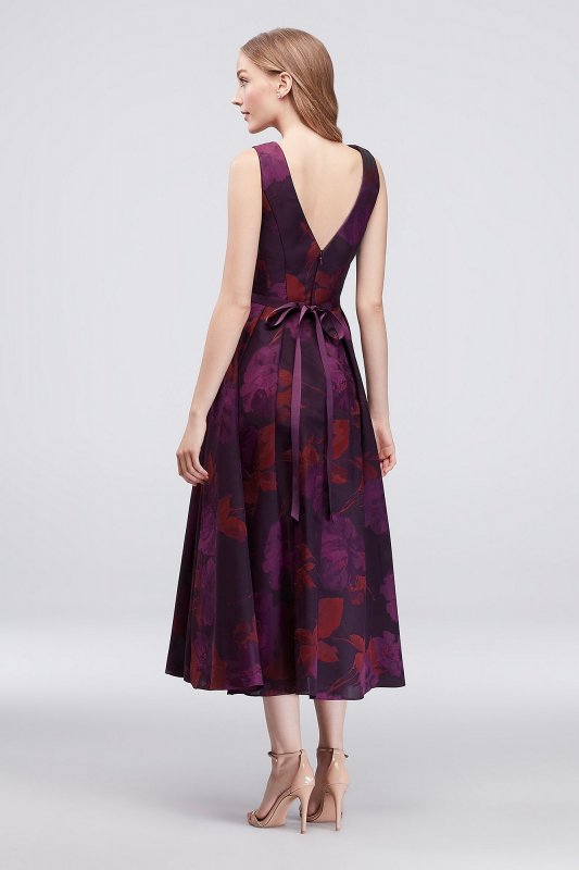 Jacquard V-Neck Tea-Length Bridesmaid Dress Oleg Cassini OC290027J