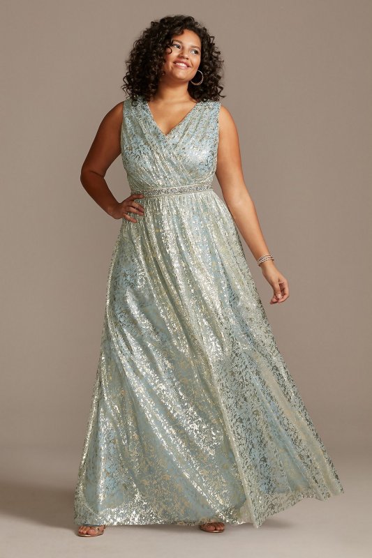 Metallic Foil Pleats V-Neck Belted Plus Size Gown Teeze Me PM498441