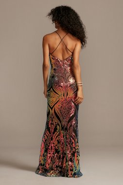 Iridescent Sequin Brocade Illusion Plunge Dress Night Studio S20042