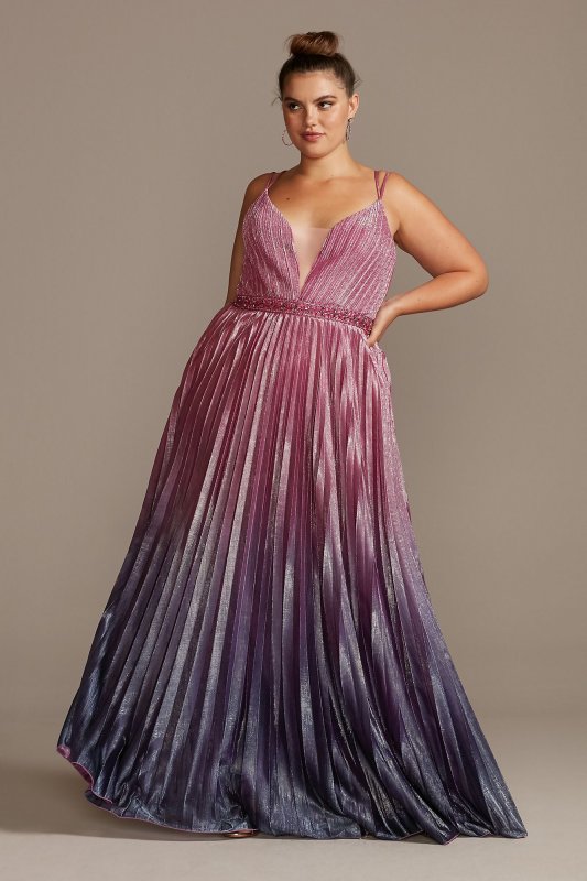 Pleated Ombre Plus Size Gown with Plunge Illusion Night Studio S20224W