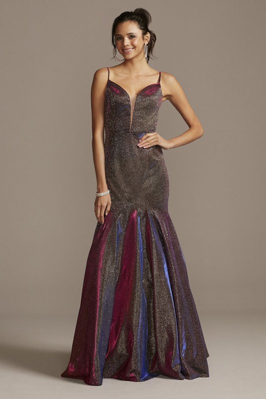 Plunging-V Iridescent Metallic Trumpet Dress Night Studio S9074