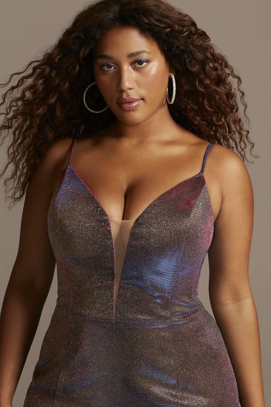 Plunging-V Metallic Iridescent Plus Size Dress Night Studio S9074W