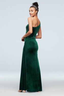 One-Shoulder Stretch Velvet Dress with Skirt Slit David's Bridal WBM1743V2