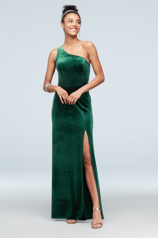 One-Shoulder Stretch Velvet Dress with Skirt Slit David's Bridal WBM1743V2