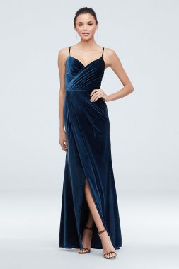 Velvet Faux Wrap Spaghetti Strap Gown with Slit David's Bridal WBM1746