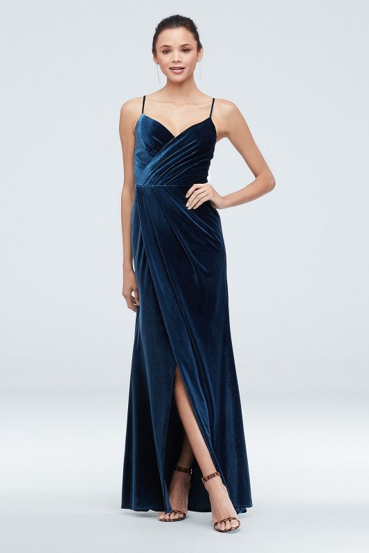 Velvet Faux Wrap Spaghetti Strap Gown with Slit David's Bridal WBM1746