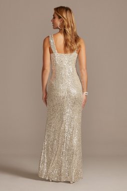 Allover Sequin Pleated V-Neck Gown with Slit David's Bridal WBM1836