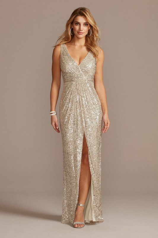 Allover Sequin Pleated V-Neck Gown with Slit David's Bridal WBM1836