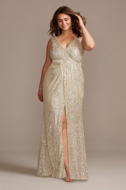 Allover Sequin Pleated Plus Size Gown with Slit David's Bridal WBM1836W