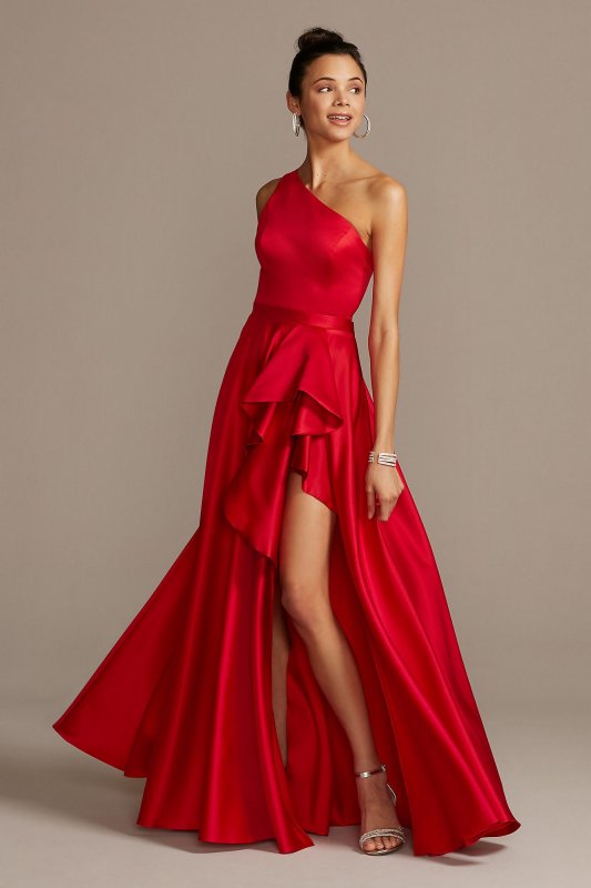 One Shoulder Asymmetric Satin Cascade Gown David's Bridal WBM1870