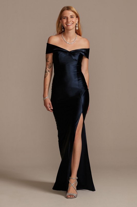 Stretch Satin Off the Shoulder Dress with Slit David's Bridal WBM2139