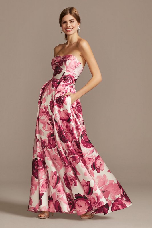 Floral Print Strapless Satin Gown with Pockets Speechless X39602DQA62