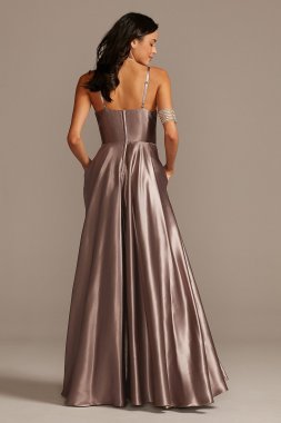 Shiny Satin Plunging Gown with Illusion and Slit Speechless X43391DQ96