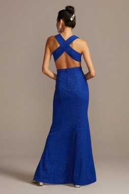 Deep-V Stretch Glitter Dress with Cross-Back Speechless X43591JB01