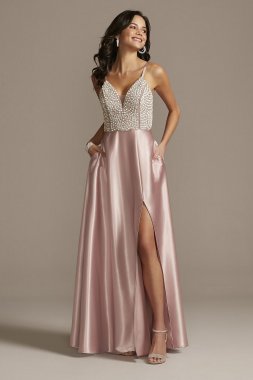 glitter knit spaghetti strap gown with pockets