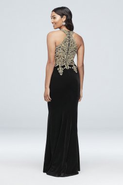 Round Neck Metallic Lace and Velvet Halter Gown Xscape XS10096