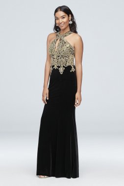 Round Neck Metallic Lace and Velvet Halter Gown Xscape XS10096