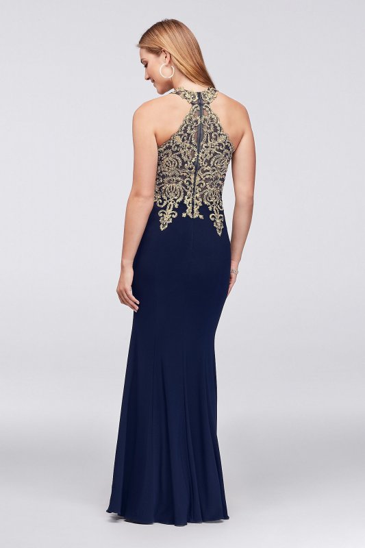 Metallic Lace and Jersey Round Neck Halter Gown Xscape XS9331