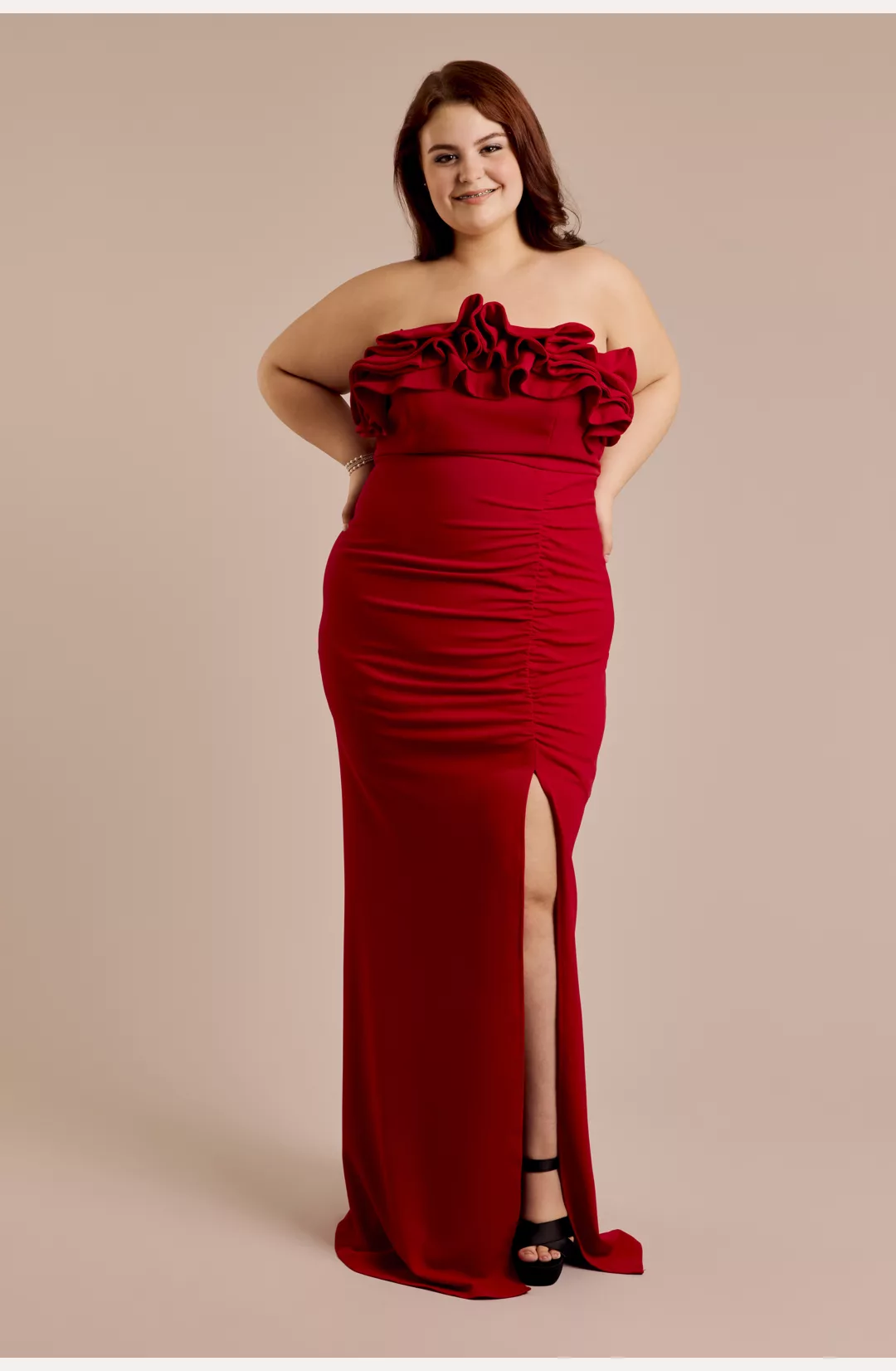 Strapless Crepe Sheath Dress with Ruffle Neckline STYLE# ATU3405