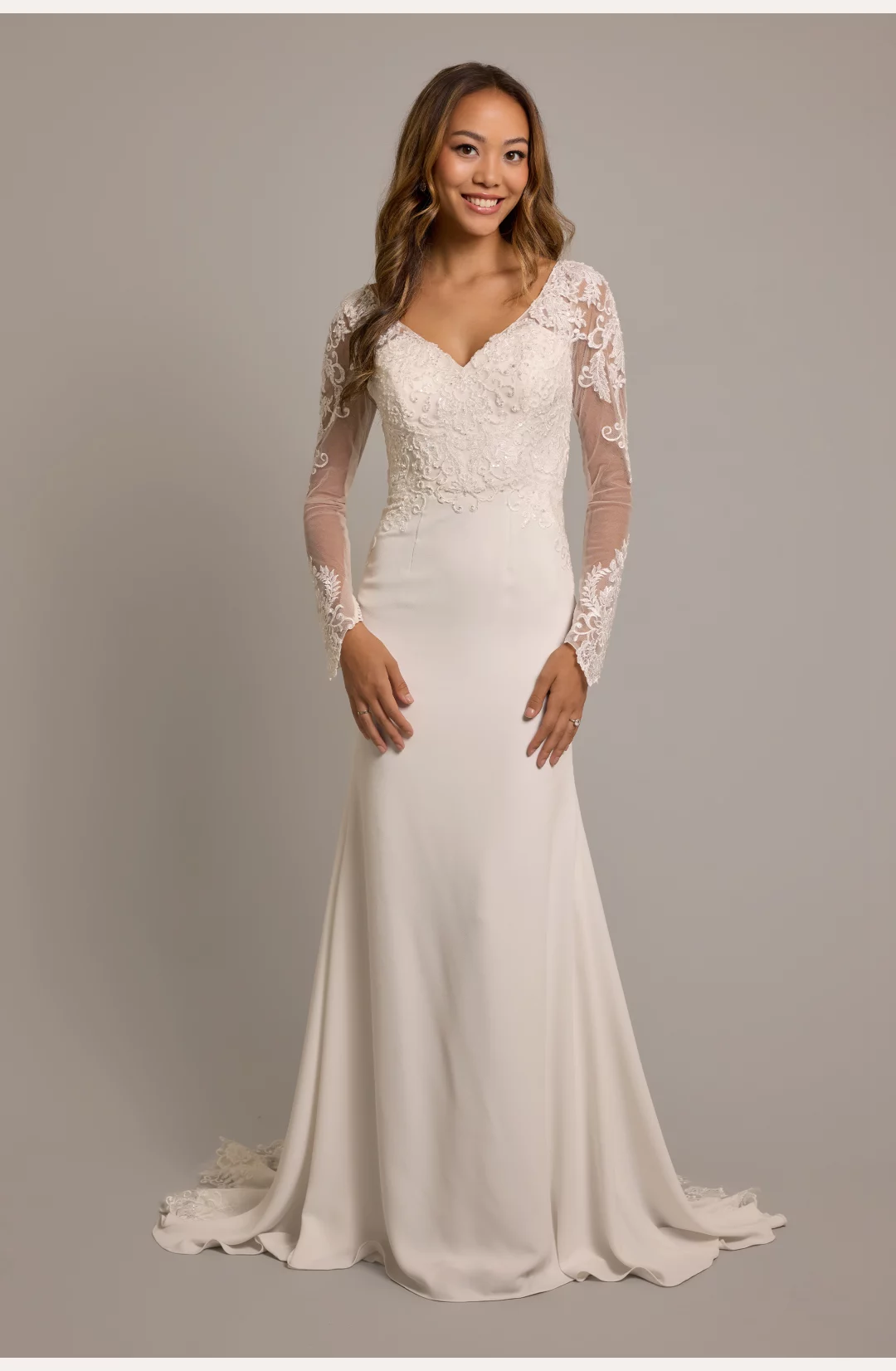 Long Sleeve Crepe Sheath Dress with Lace Appliques STYLE# CWG974