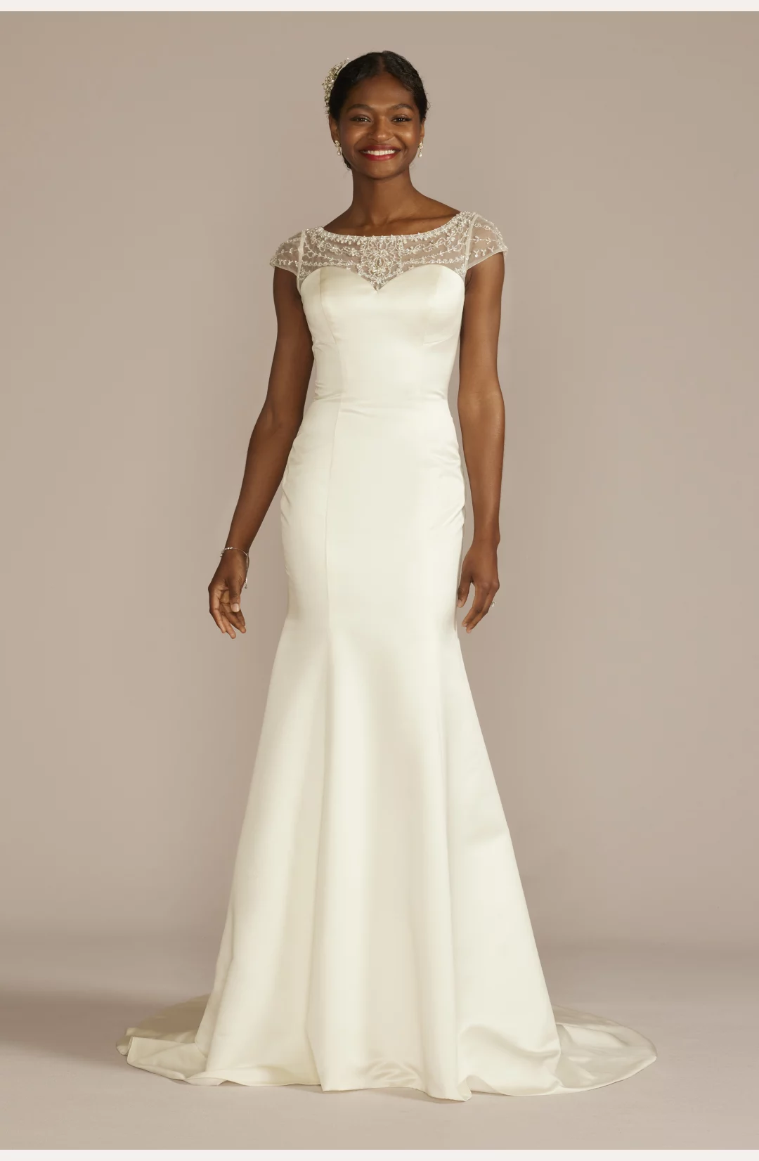 Beaded Cap Sleeve Satin Mermaid Wedding Dress STYLE# CWG979