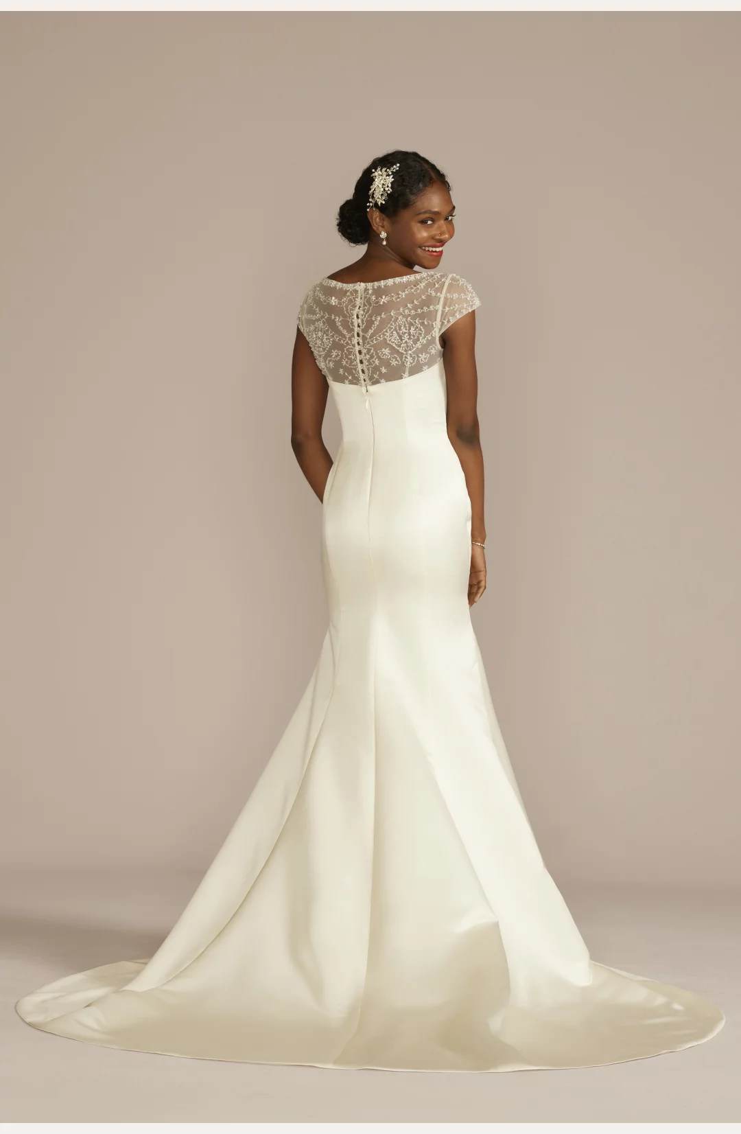 Beaded Cap Sleeve Satin Mermaid Wedding Dress STYLE# CWG979