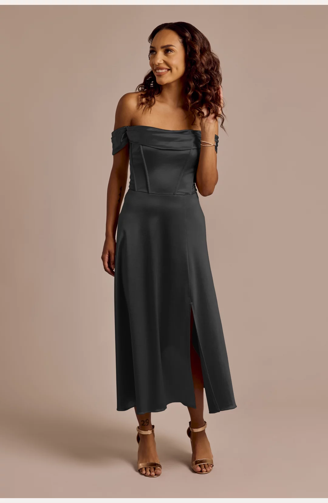 Off-the-Shoulder Sculpting Satin Midi Dress STYLE# F20791